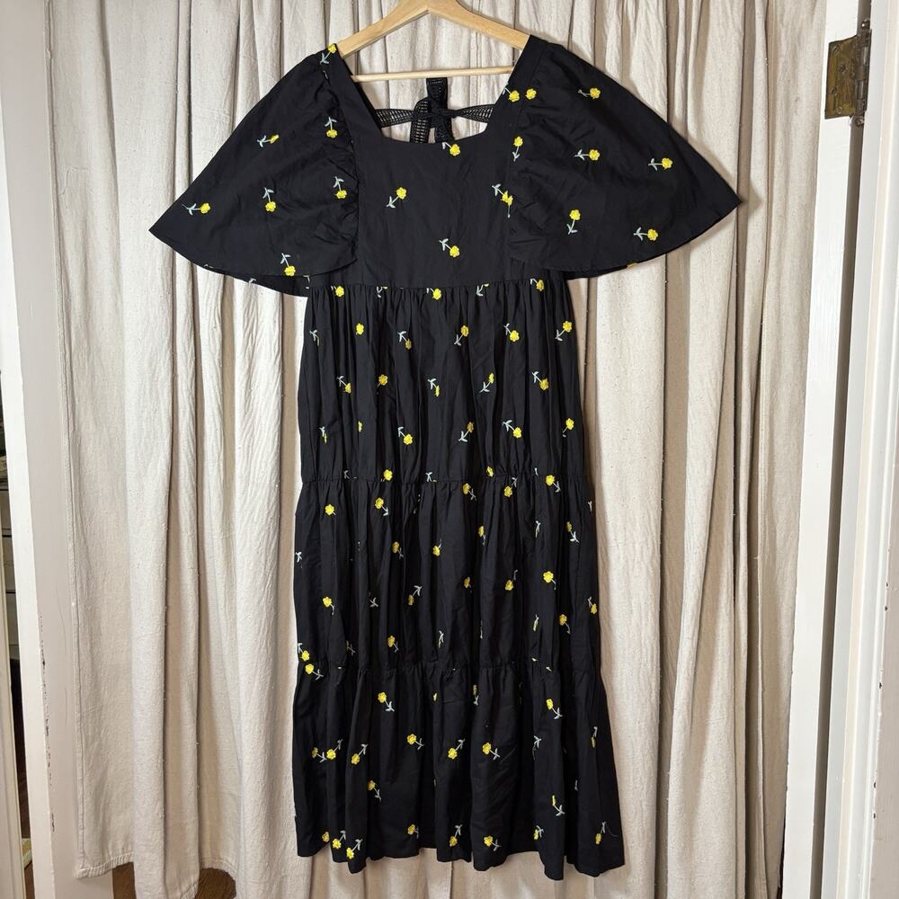 Lucca Black Embroidered Daisy Tiered Midi Dress Crochet Tie Small Summer Cottage